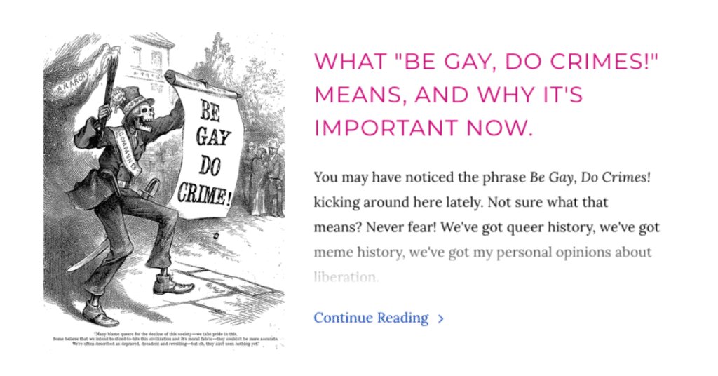 Screenshot of the blog post on OurBackPockets.com: "What "Be Gay Do Crimes" means and why it's important now"